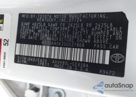 2025 Toyota Camry Se z USA, uszkodzony, nr VIN 4T1DAACK2SU527868